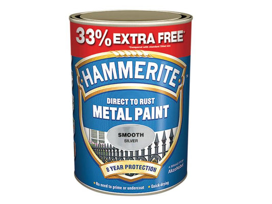 Direct to Rust Smooth Finish Metal Paint Silver 750ml + 33%, Hammerite