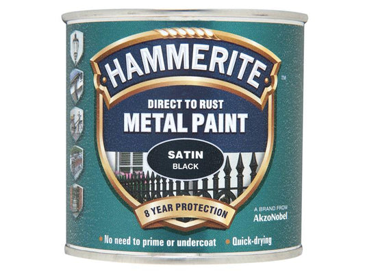 Direct to Rust Satin Finish Metal Paint Black 250ml, Hammerite