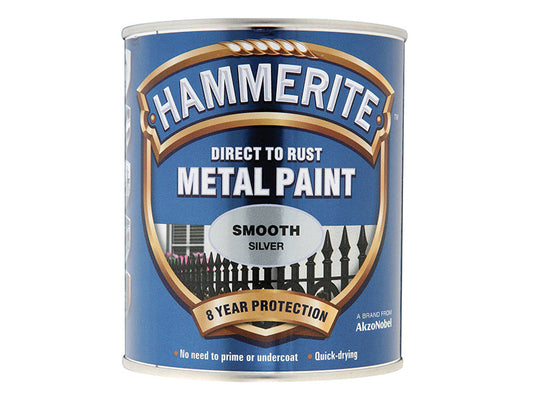 Direct to Rust Smooth Finish Metal Paint Silver 250ml, Hammerite