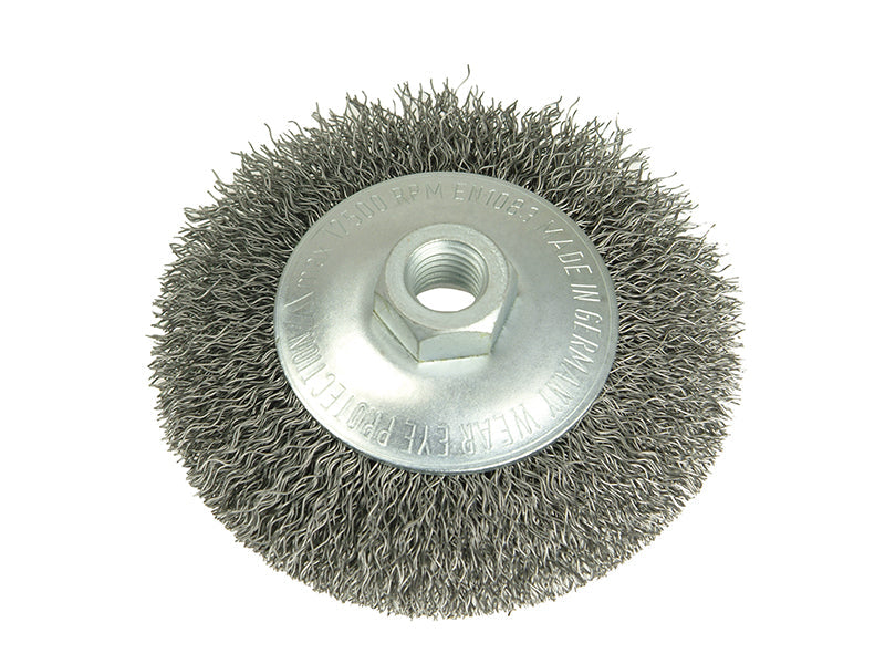 Conical Bevel Brush 100mm x M14 Bore, 0.35 Steel Wire, Lessmann