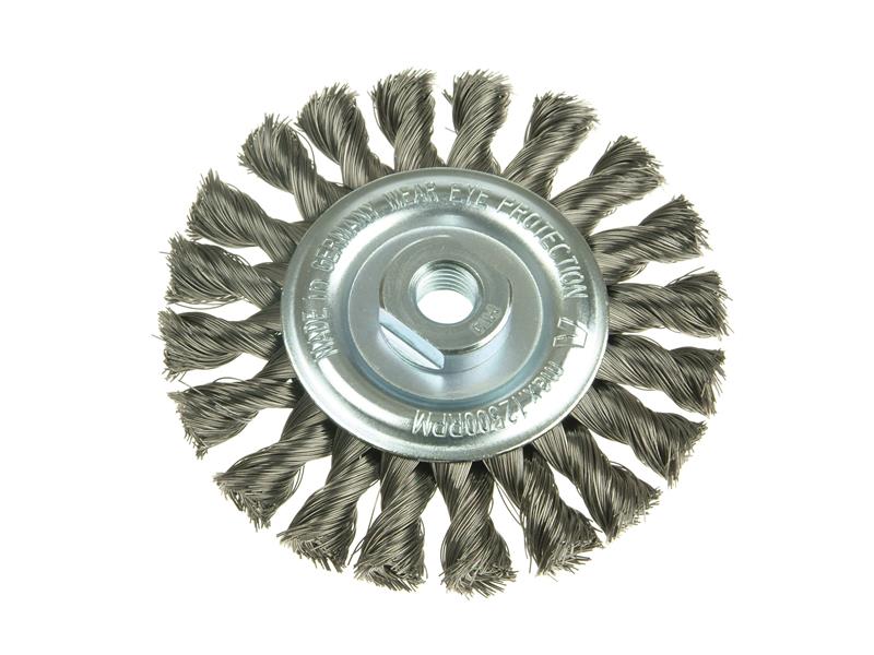 Knot Wheel Brush 115 x 14mm 22.2mm Bore, 0.50 Stainless Steel Wire, Lessmann