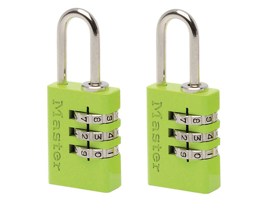 Aluminium  3-Digit Combination 20mm Padlock Colour x 2, Master Lock