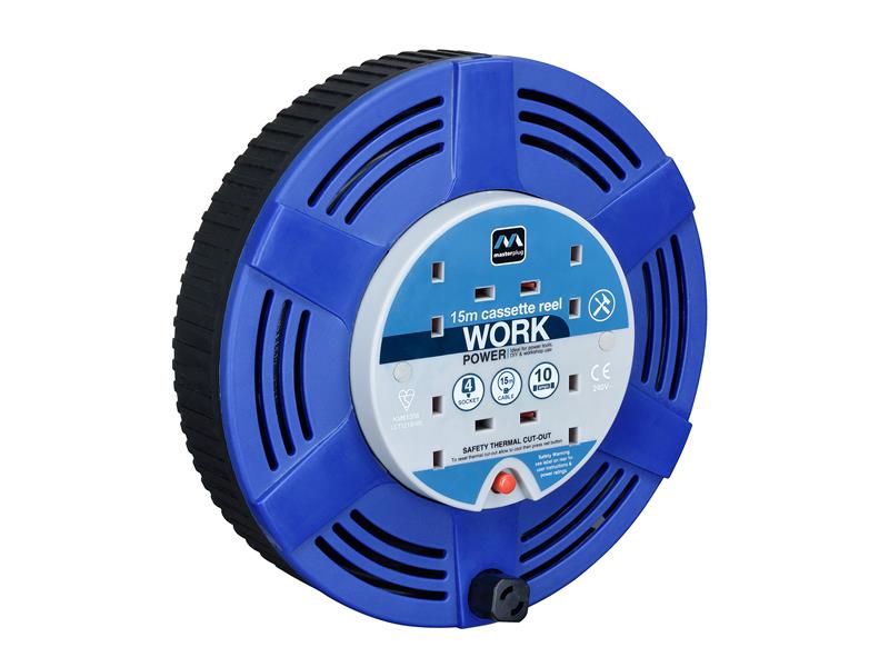 Cassette Cable Reel 240V 10A 4-Socket Thermal Cut-Out Blue 15m, Masterplug