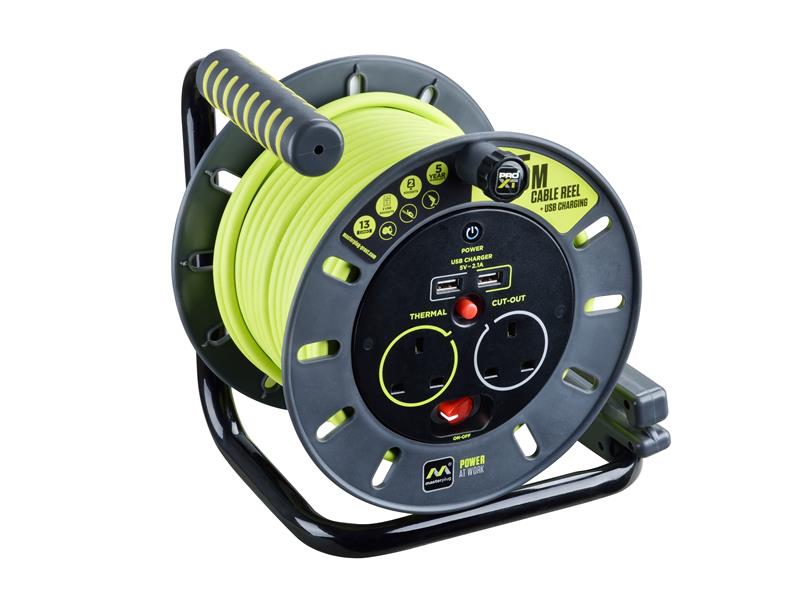 PRO-XT Open Cable Reel 240V 13A 2-Socket & 2 USB (2.1A Shared) 25m, Masterplug