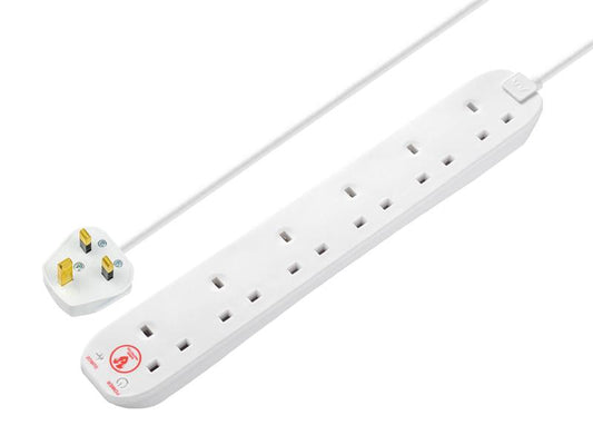 Extension Lead 240V 6-Gang 13A White Surge Protected 2m, Masterplug