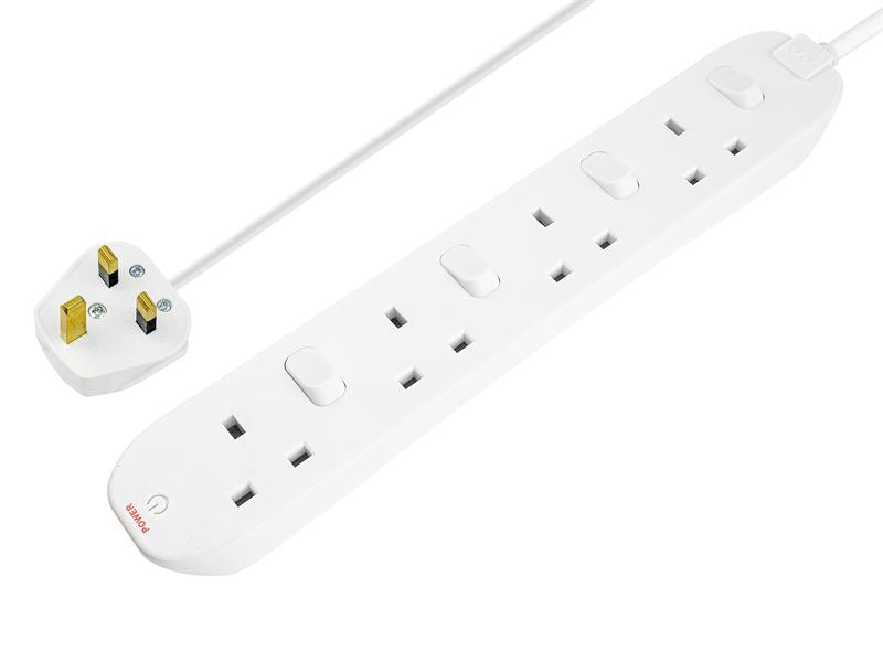 Extension Lead 240V 4-Gang 13A White Switched 2m, Masterplug