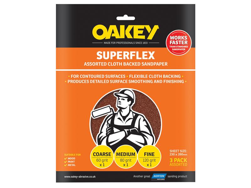 Superflex Cloth Backed Aluminium Oxide Sheets 230 x 280mm Assorted (3), Oakey