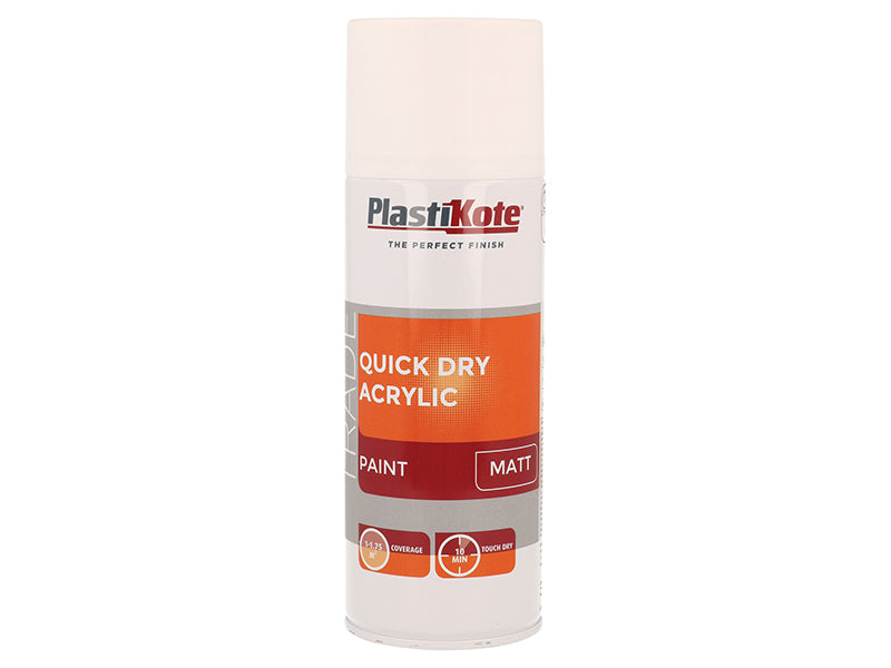 Trade Quick Dry Acrylic Spray Paint Matt White 400ml, PlastiKote