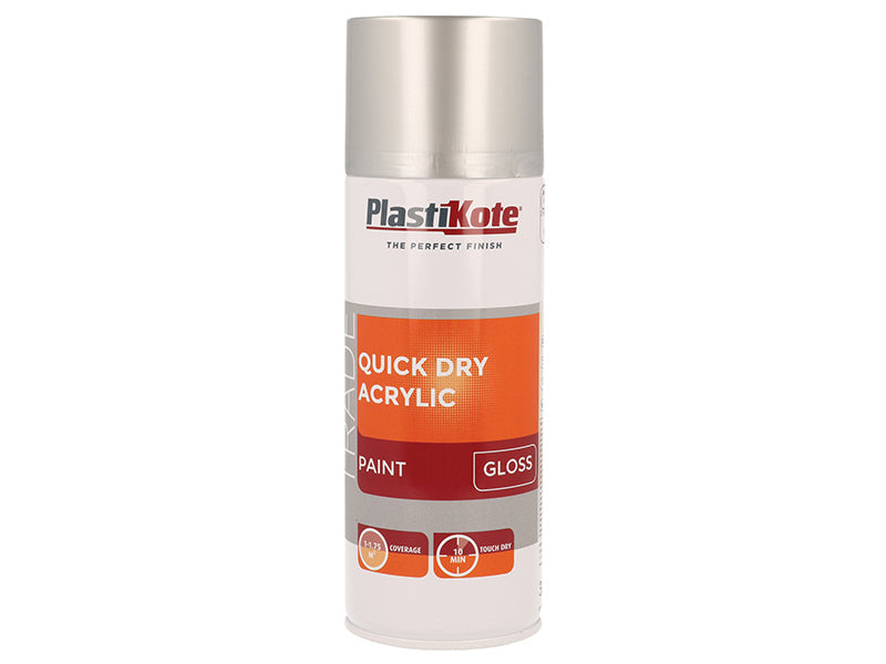 Trade Quick Dry Acrylic Spray Paint Gloss Silver 400ml, PlastiKote