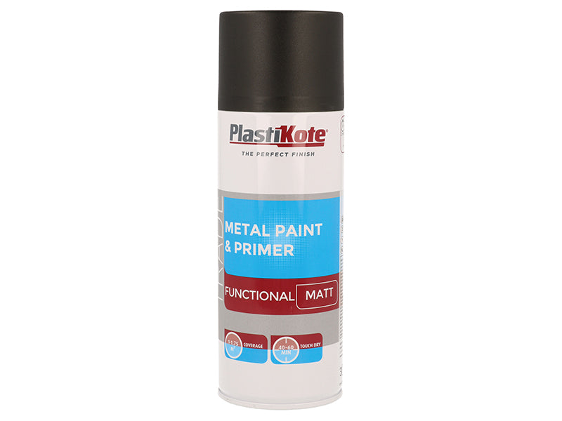 Trade Metal Spray Paint & Primer Matt Black 400ml, PlastiKote