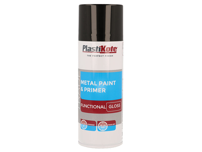 Trade Metal Spray Paint & Primer Gloss Black 400ml, PlastiKote