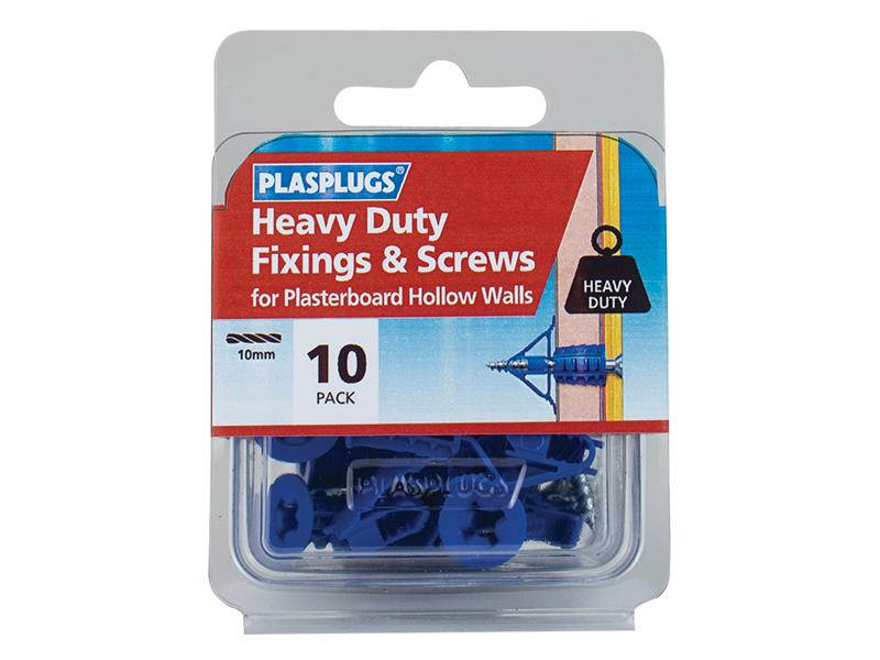 HWHS010 Heavy-Duty Plasterboard Fixings & Screws Pack of 10, Plasplugs