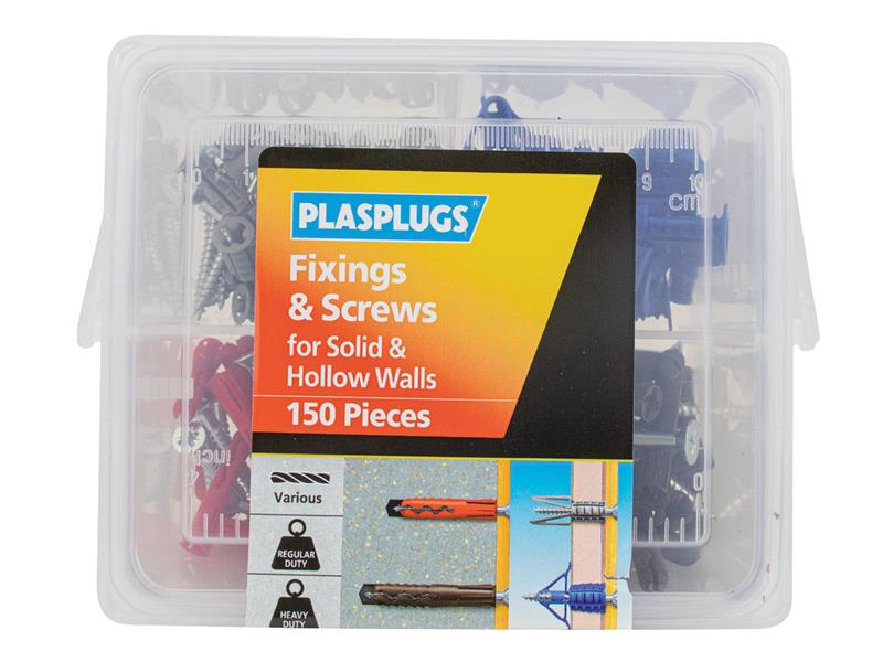 Fixings & Screws Kit for Solid & Hollow Walls, 150 Piece, Plasplugs