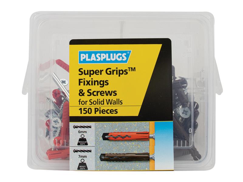 Super Grips™ Fixings & Screws Kit for Solid Walls, 150 Piece, Plasplugs