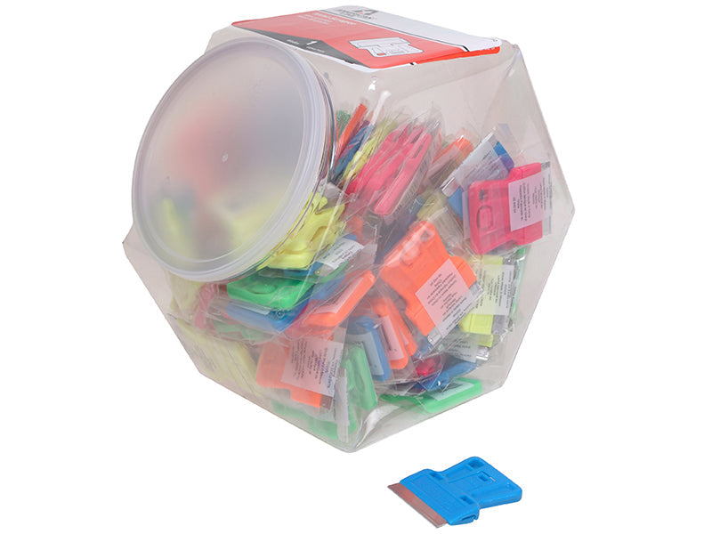 Neon Plastic Mini Scraper Jar of 100 Single Blades, Personna