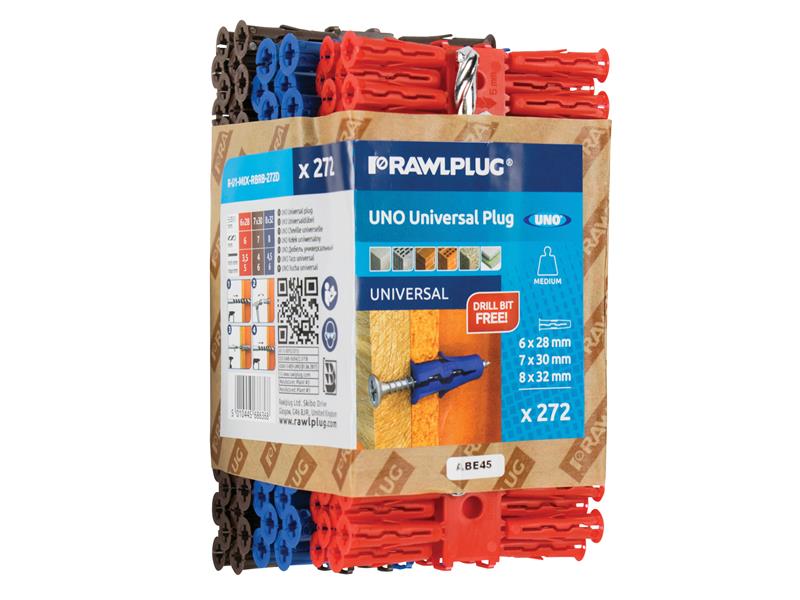 Mixed UNO® Plugs (Pack 272) + Drill Bit, Rawlplug