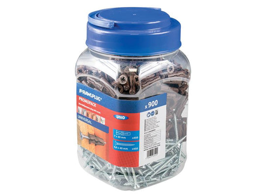 Brown UNO® Plugs & Screws in Jar (450 Plugs + 450 Screws), Rawlplug