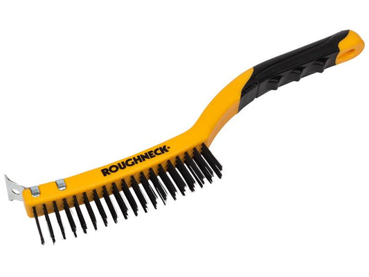 Carbon Steel Wire Brush Soft Grip with Scraper 355mm (14in) - 3 Row, Roughneck