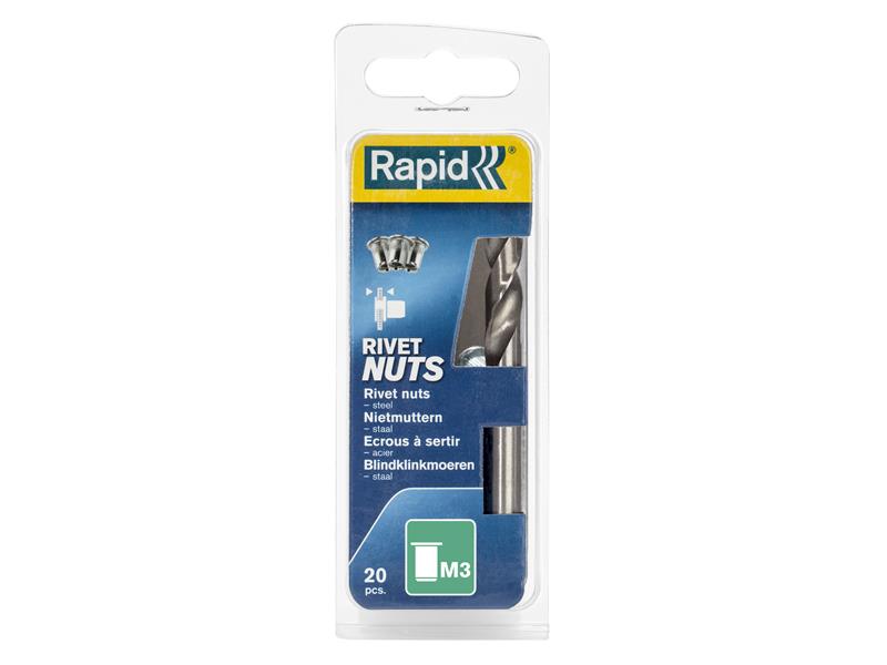 Steel Rivet Nuts M3 (Pack 20 + Free Drill Bit), Rapid