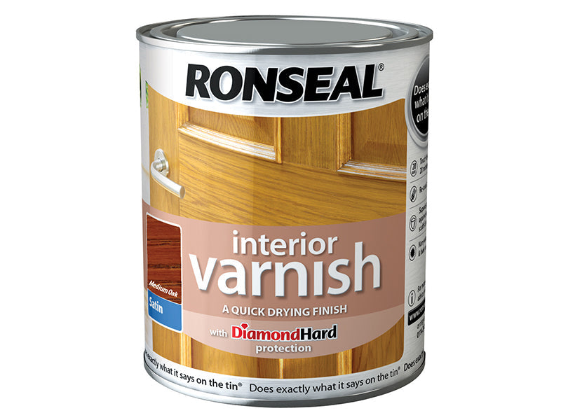 Interior Varnish Quick Dry Satin Medium Oak 750ml, Ronseal