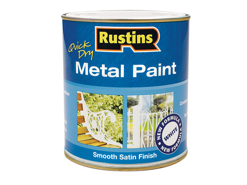 Quick Dry Metal Paint Smooth Satin White 500ml, Rustins