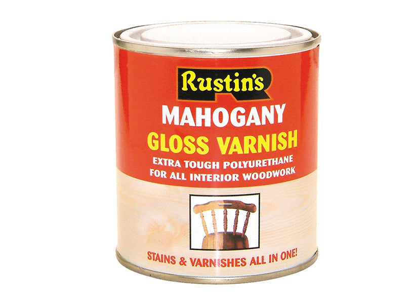 Polyurethane Varnish & Stain Gloss Mahogany 250ml, Rustins