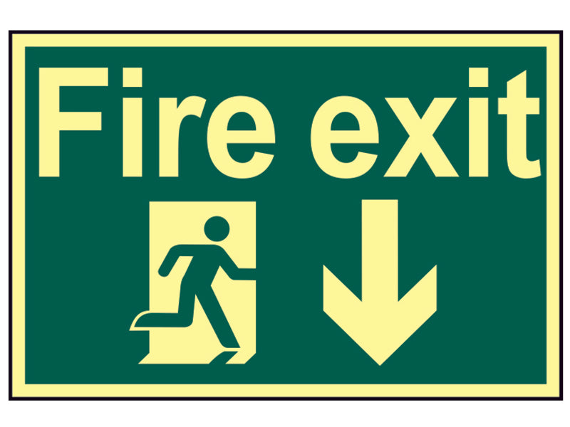 Fire Exit Running Man Arrow Down - Photoluminescent 300 x 200mm, Scan