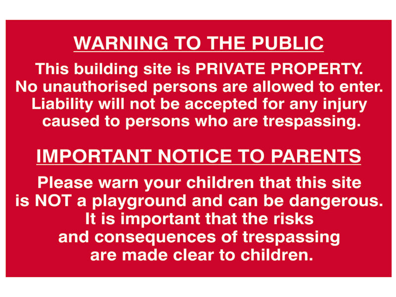 Building Site Warning To Public And Parents - PVC 600 x 400mm, Scan