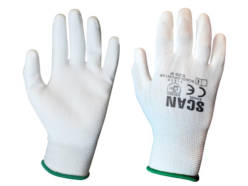 White PU Coated Gloves - M (Size 8) (Pack 12), Scan