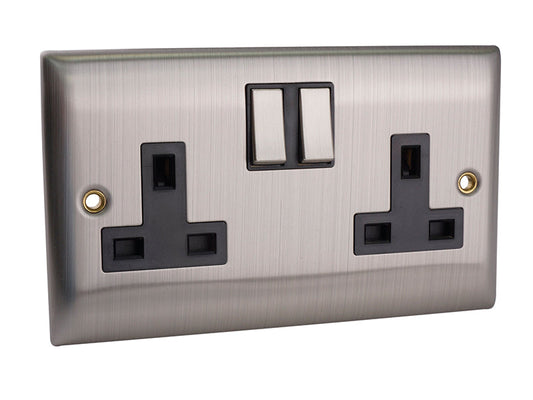 Switched Socket 2-Gang 13A Brushed Steel, SMJ