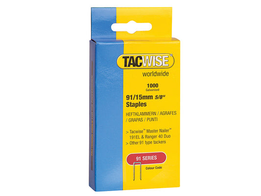 91 Narrow Crown Staples 15mm - Electric Tackers (Pack 1000), Tacwise