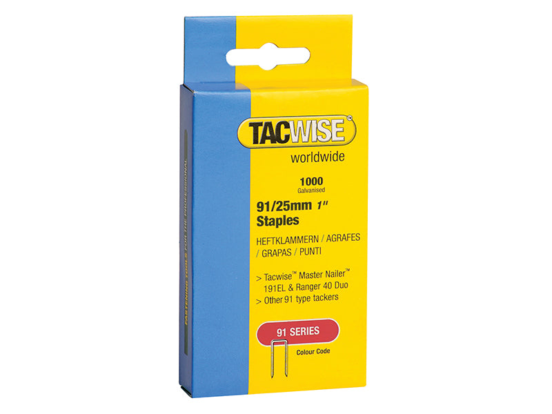 91 Narrow Crown Staples 25mm - Electric Tackers (Pack 1000), Tacwise