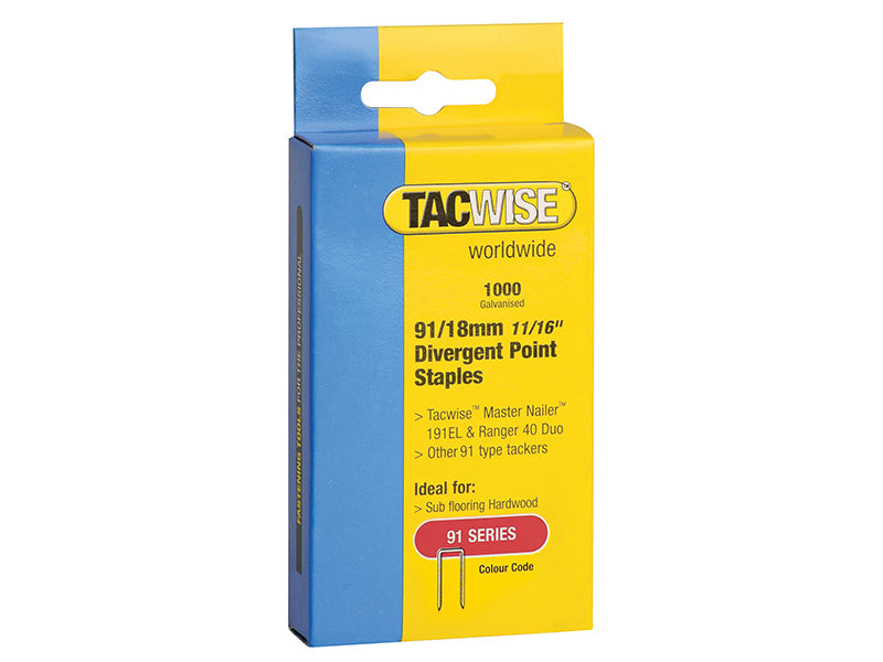 91 Narrow Crown Divergent Point Staples 18mm - Electric Tackers (Pack 1000), Tacwise