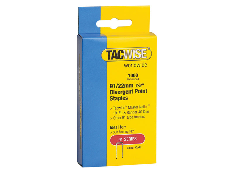 91 Narrow Crown Divergent Point Staples 22mm - Electric Tackers (Pack 1000), Tacwise