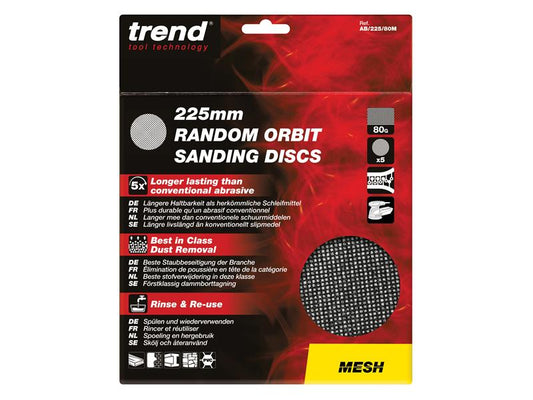 Mesh Random Orbital Sanding Disc 225mm x 240G (Pack 5), Trend