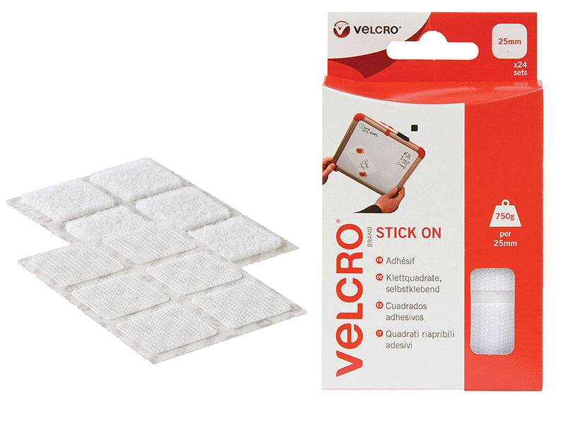 VELCRO® Brand Stick On Squares 25mm White (Pack 24), VELCRO® Brand