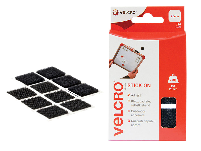 VELCRO® Brand Stick On Squares 25mm Black (Pack 24), VELCRO® Brand