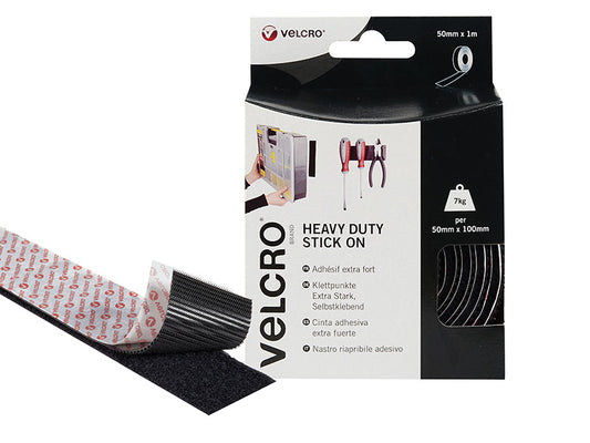 VELCRO® Brand Heavy-Duty Stick On Tape 50mm x 1m Black, VELCRO® Brand