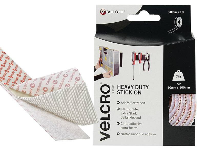 VELCRO® Brand Heavy-Duty Stick On Tape 50mm x 1m White, VELCRO® Brand