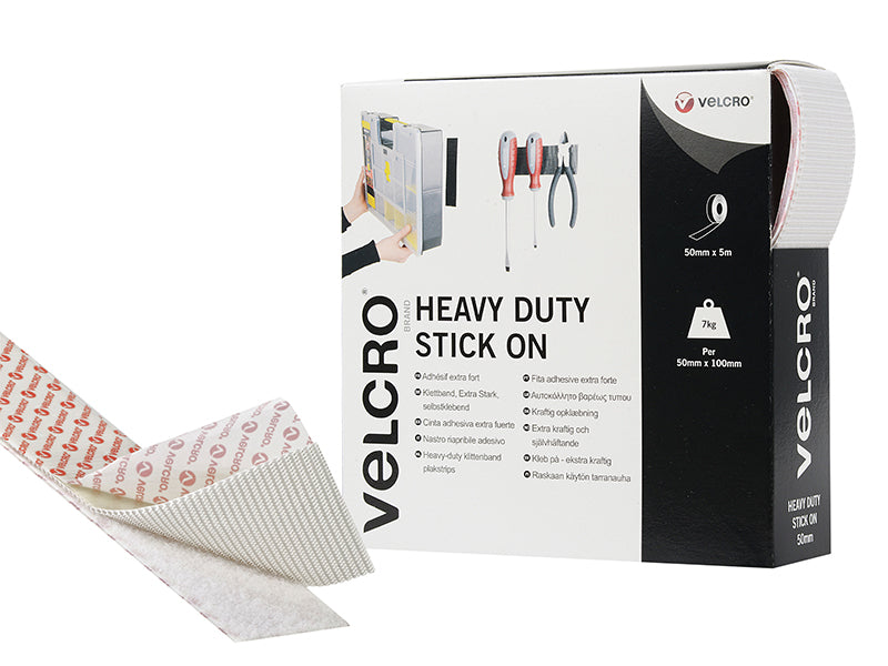 VELCRO® Brand Heavy-Duty Stick On Tape 50mm x 5m White, VELCRO® Brand