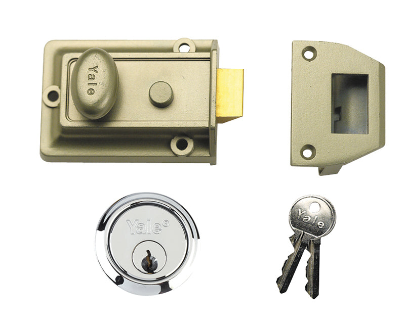 P77 Traditional Nightlatch 60mm Backset Nickel Brass Finish SC Cylinder Box, Yale Locks