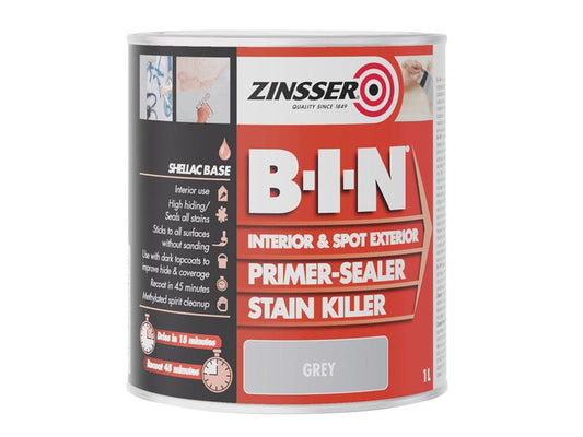 B.I.N® Primer, Sealer & Stain Killer Paint Grey 1 litre, Zinsser